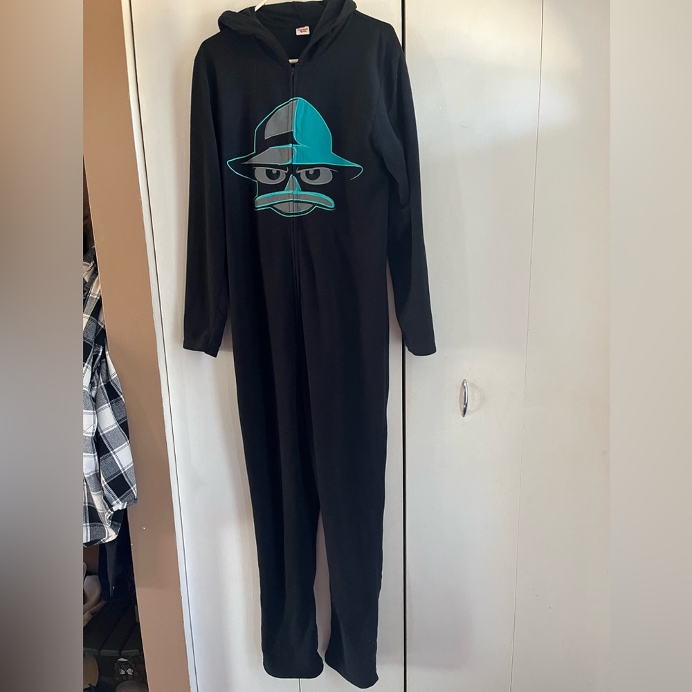 Black Hooded Onesie with Cartoon Character Perry the platypus